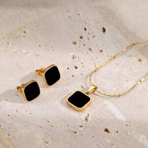 18K Gold Filled Black Enamel Pendant Necklace & Stud Earrings Set